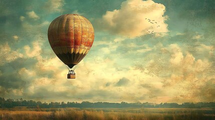 Fototapeta premium A colorful hot air balloon floats peacefully over a serene landscape under a cloudy sky.
