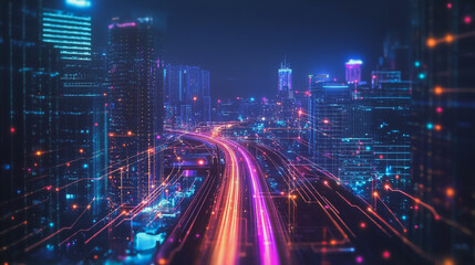 Fototapeta premium Smart Innovation city with connection cyber security network reciprocity over the night cityscape future wireless digital city and social media networking systems that connects people in the city