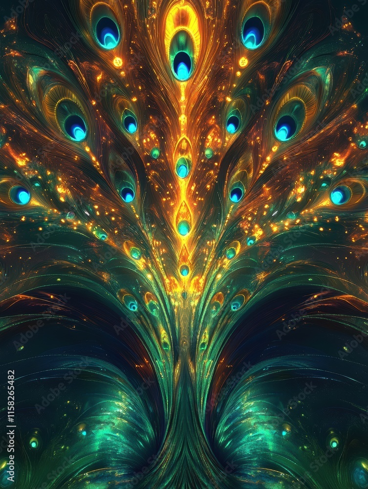 Aufkleber Colorful and intricate peacock tail feather display with vibrant patterns and hues in a mesmerizing arrangement. Generative AI
