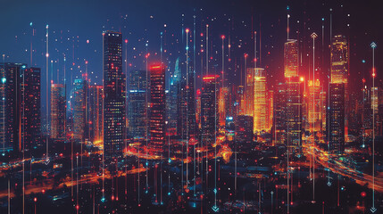 Fototapeta premium Smart Innovation city with connection cyber security network reciprocity over the night cityscape future wireless digital city and social media networking systems that connects people in the city