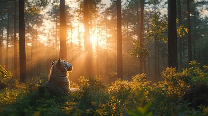 Majestic white tiger sits in sunlit forest clearing at sunrise.