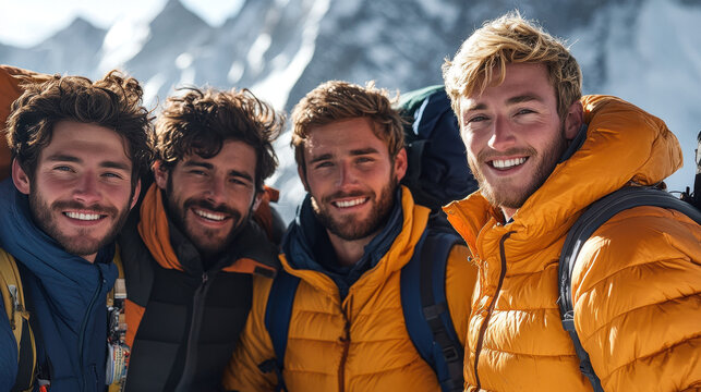 A group of climbers take a group photo with snow-capped mountains in the background