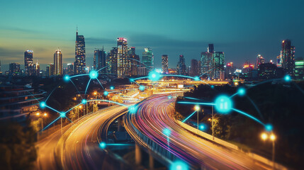 Fototapeta premium Smart Innovation city with connection cyber security network reciprocity over the night cityscape future wireless digital city and social media networking systems that connects people in the city