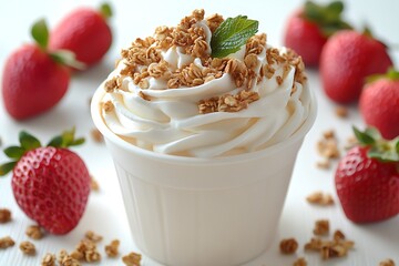 Creamy Yogurt Dessert Topped With Granola And Strawberries