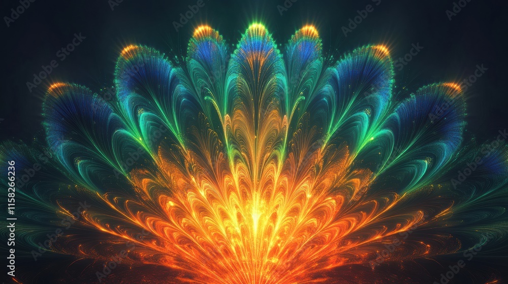 Poster colorful display of intricate peacock tail feathers with bright hues and detailed patterns in a dark