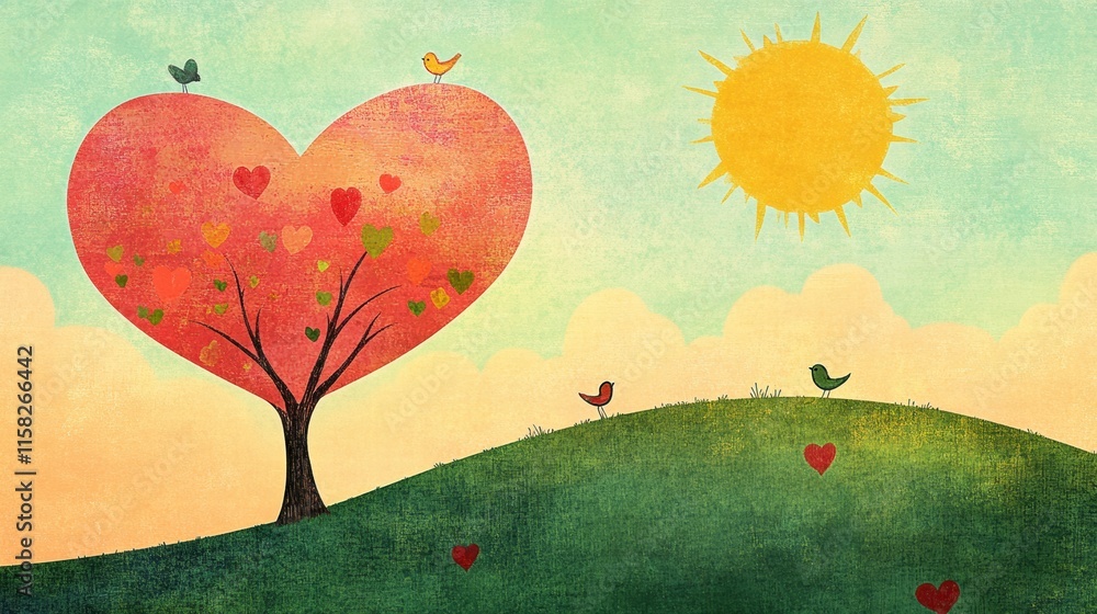 Aufkleber whimsical valentines day design featuring colorful heart tree and playful birds under sunny skies. g