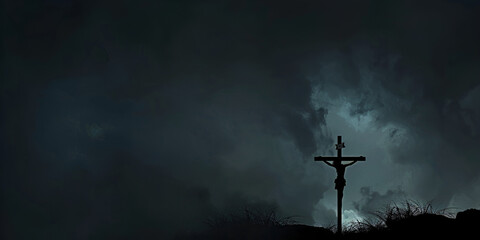 Naklejka premium Silhouette of a cross against a dark stormy sky, Religious symbolism in dramatic nature scene 
