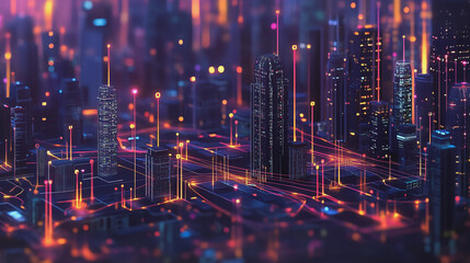 Obraz premium Smart Innovation city with connection cyber security network reciprocity over the night cityscape future wireless digital city and social media networking systems that connects people in the city