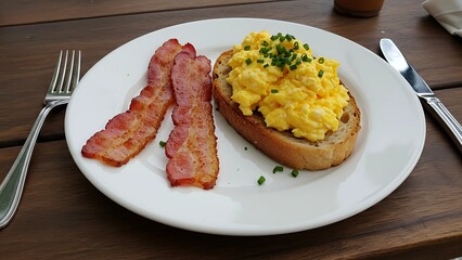 Breakfast Plate with Scrambled Eggs on Toast and Crispy Bacon 