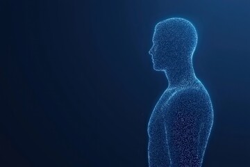 drug assessment development concept. Digital silhouette of a human figure made of glowing particles.