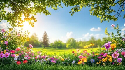 Fototapeta premium Vibrant Floral Landscape During a Bright Sunny Day with Colorful Flowers, Lush Green Grass, and a Clear Blue Sky in a Serene Natural Setting
