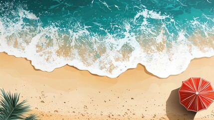 Obraz premium Aerial View of a Serene Beach with Waves Gently Crashing on the Shore, Featuring Soft Sand, Vibrant Umbrella, and Lush Greenery for a Relaxing Summer Vibe