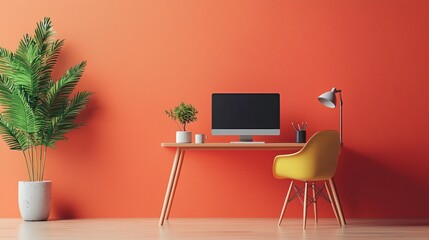 Fototapeta premium Modern Home Office Setup with Orange Wall, Stylish Desk, Computer, Decorative Plants, and Contemporary Chair in Bright and Inviting Workspace