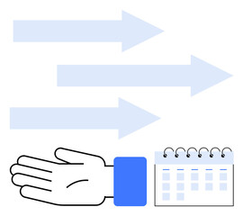Obraz premium Hand, calendar, and three blue arrows indicate forward movement. Ideal for planning, scheduling, progress, deadlines, organization time management productivity. Line metaphor