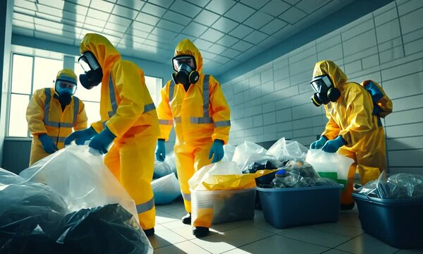 Workers in protective gear sorting hazardous waste in a contaminated area.
