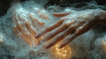 Obraz premium Ethereal hands emerge from mist, glowing softly, evoking a sense of mystique and wonder.
