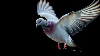 Obraz premium Close-up of a flying pigeon with wings spread on a black background