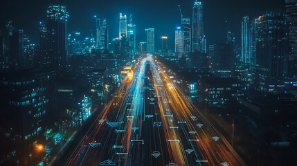 Fototapeta premium Smart Innovation city with connection cyber security network reciprocity over the night cityscape future wireless digital city and social media networking systems that connects people in the city