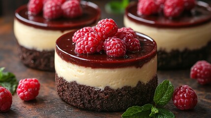 Three mini cheesecakes topped with fresh raspberries and raspberry glaze, on a dark brown surface.
