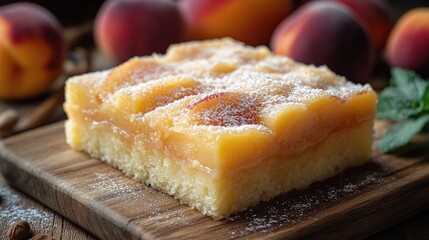 Delicious peach cake slice on wooden board, dusted with powdered sugar, fresh peaches in background.