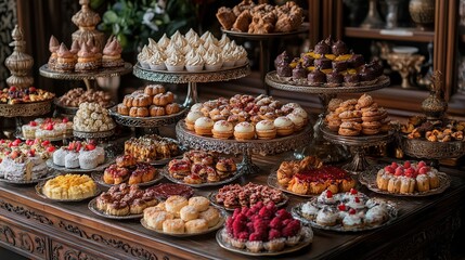 Fototapeta premium Lavish dessert buffet with assorted pastries, cakes, and candies on antique silver stands.