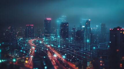 Fototapeta premium Smart Innovation city with connection cyber security network reciprocity over the night cityscape future wireless digital city and social media networking systems that connects people in the city