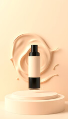Black cosmetic bottle with blank label on beige podium, foundation or serum
