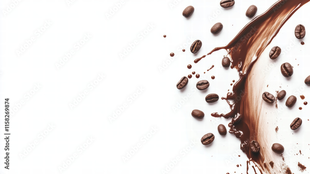 Poster charming coffee splash with scattered beans on white background, creating inviting and dynamic scene