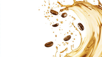 Charming coffee splash with flying beans, creating dynamic and energetic scene. rich colors and movement evoke sense of freshness and excitement
