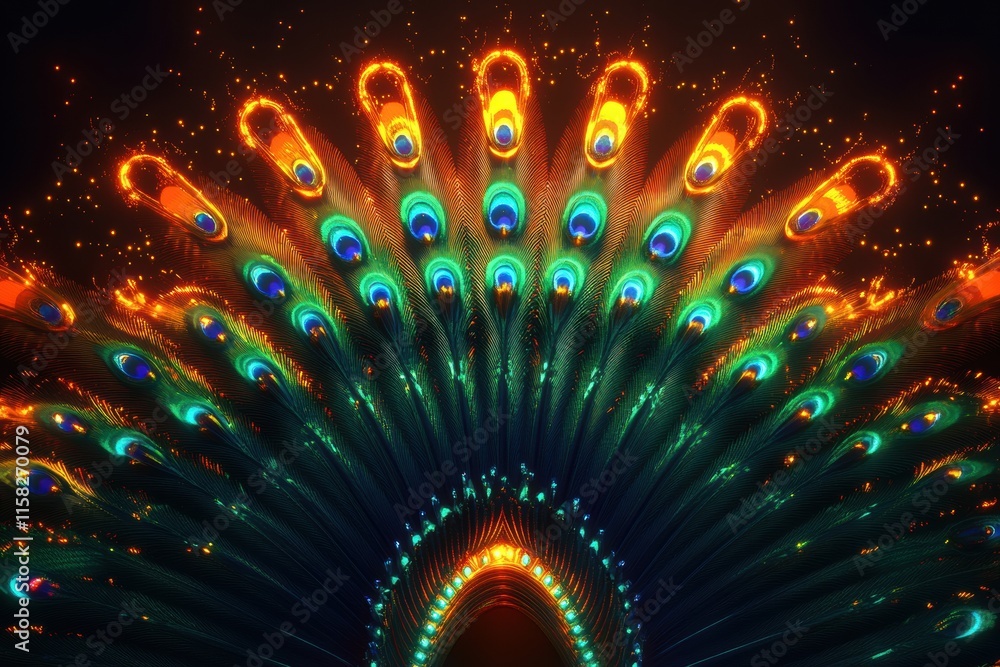 Aufkleber Colorful fan like display of peacock tail feathers showcasing intricate patterns and vibrant hues in bright lighting. Generative AI