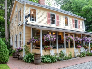 Obraz premium Charming Yellow House Coffee Shop With Hanging Flowers