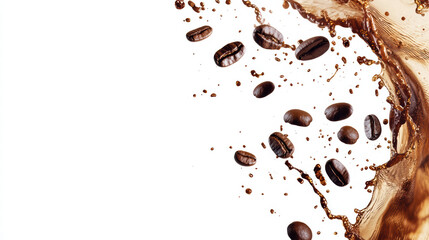 Fototapeta premium Dynamic coffee splash with beans isolated on white background, creating energetic and vibrant scene that captures essence of coffee rich flavor and aroma