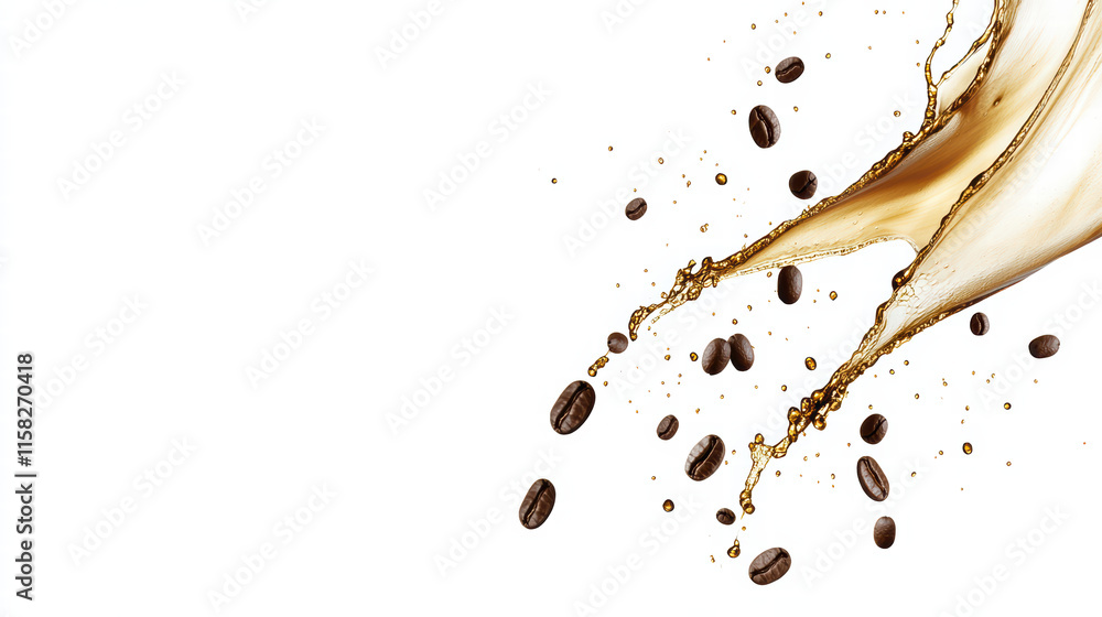 Poster elegant coffee splash with scattered beans isolated on white background, creating dynamic and refres