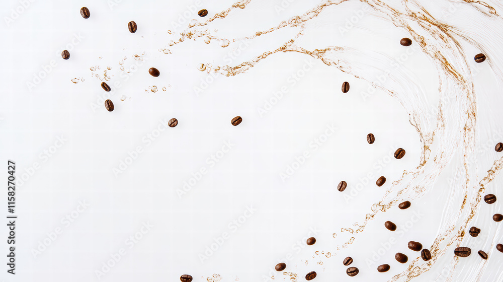 Poster elegant coffee splash with scattered beans isolated on white background, creating dynamic and refres
