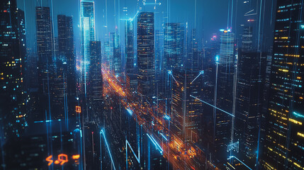 Smart Innovation city with connection cyber security network reciprocity over the night cityscape future wireless digital city and social media networking systems that connects people in the city