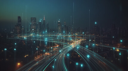 Fototapeta premium Smart Innovation city with connection cyber security network reciprocity over the night cityscape future wireless digital city and social media networking systems that connects people in the city