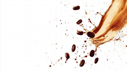 Energetic coffee splash with flying beans, creating dynamic and vibrant scene. rich brown liquid contrasts beautifully against white background, evoking sense of freshness and excitement