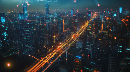 Obraz premium Smart Innovation city with connection cyber security network reciprocity over the night cityscape future wireless digital city and social media networking systems that connects people in the city