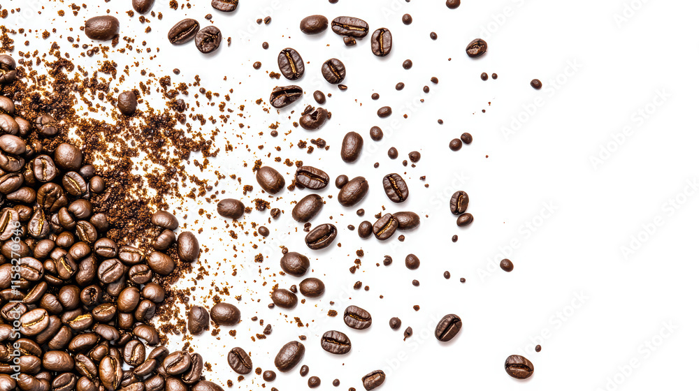 Aufkleber energizing coffee beans and grounds scattered on white background create dynamic and inviting scene.