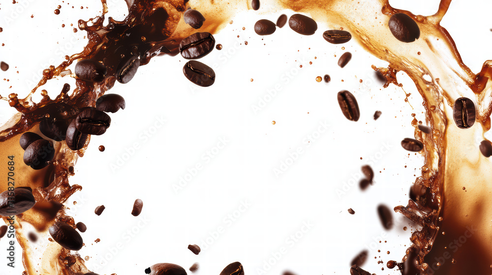 Poster fresh coffee splash with coffee beans creating dynamic patterns on white background, evoking sense o