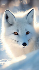 Naklejka premium A close-up photo of a white snow fox in the snow