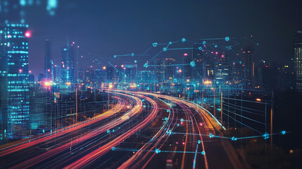 Fototapeta premium Smart Innovation city with connection cyber security network reciprocity over the night cityscape future wireless digital city and social media networking systems that connects people in the city