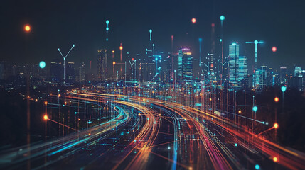 Smart Innovation city with connection cyber security network reciprocity over the night cityscape future wireless digital city and social media networking systems that connects people in the city