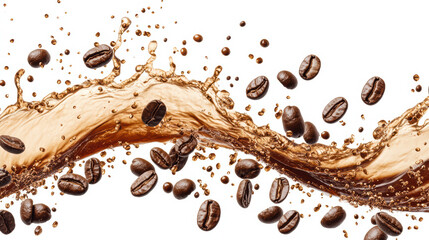 Obraz premium Lively coffee splash with coffee beans creating dynamic movement on white background, evoking energy and freshness. Perfect for coffee lovers and beverage promotions