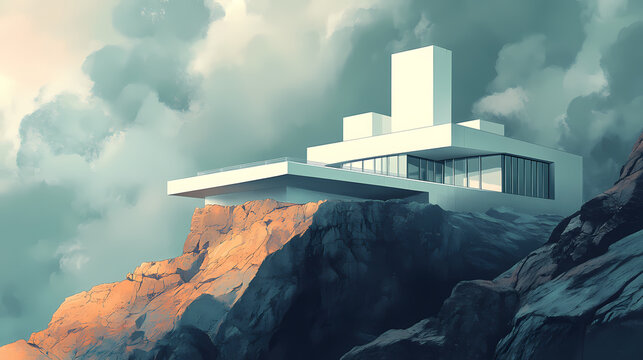 Perched on a windswept cliff, a remote observatory appears as a futuristic outpost, its sleek lines and geometric shapes accentuated by the dramatic, stormy skies behind. Windswept. Illustration