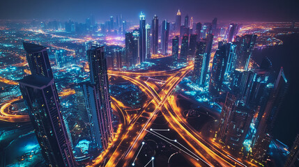 Fototapeta premium Smart Innovation city with connection cyber security network reciprocity over the night cityscape future wireless digital city and social media networking systems that connects people in the city