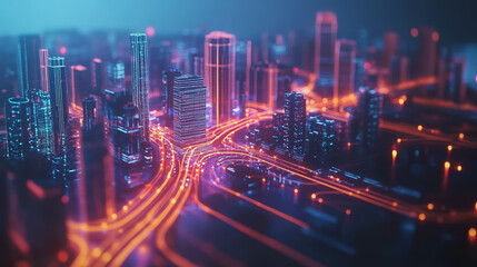 Smart Innovation city with connection cyber security network reciprocity over the night cityscape future wireless digital city and social media networking systems that connects people in the city