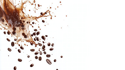 Striking coffee splash with beans isolated on clean white background, creating dynamic and energetic visual. Perfect for coffee lovers and beverage enthusiasts