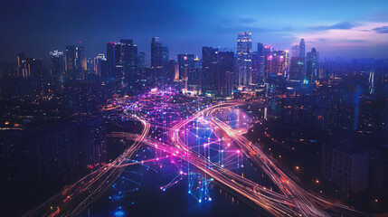 Fototapeta premium Smart Innovation city with connection cyber security network reciprocity over the night cityscape future wireless digital city and social media networking systems that connects people in the city