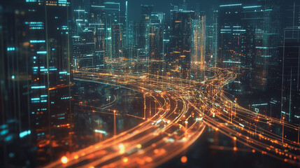 Naklejka premium Smart Innovation city with connection cyber security network reciprocity over the night cityscape future wireless digital city and social media networking systems that connects people in the city